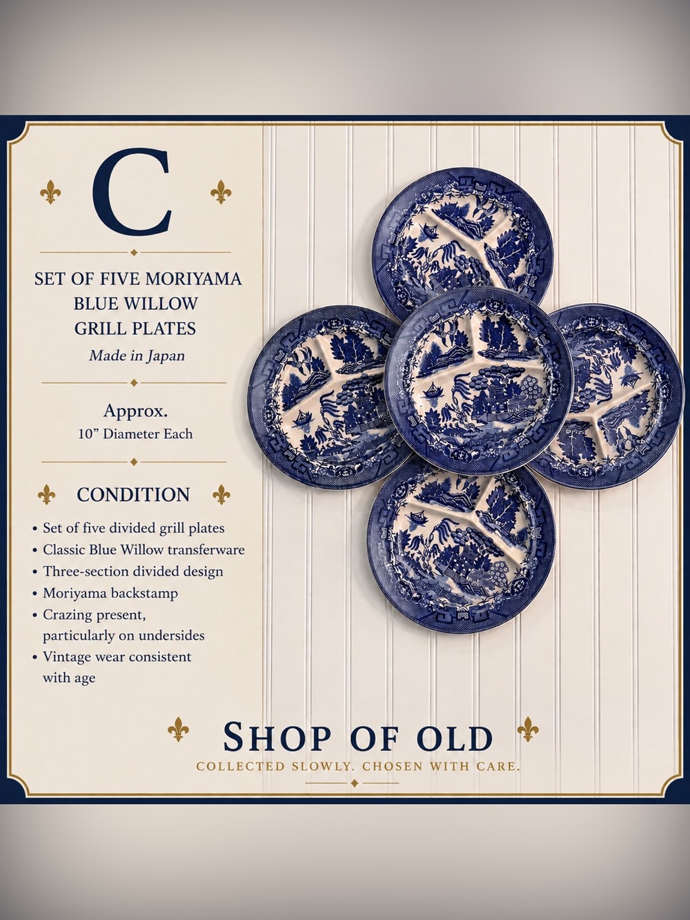 Vintage Moriyama Blue Willow Divided Grill Plates Set of 5